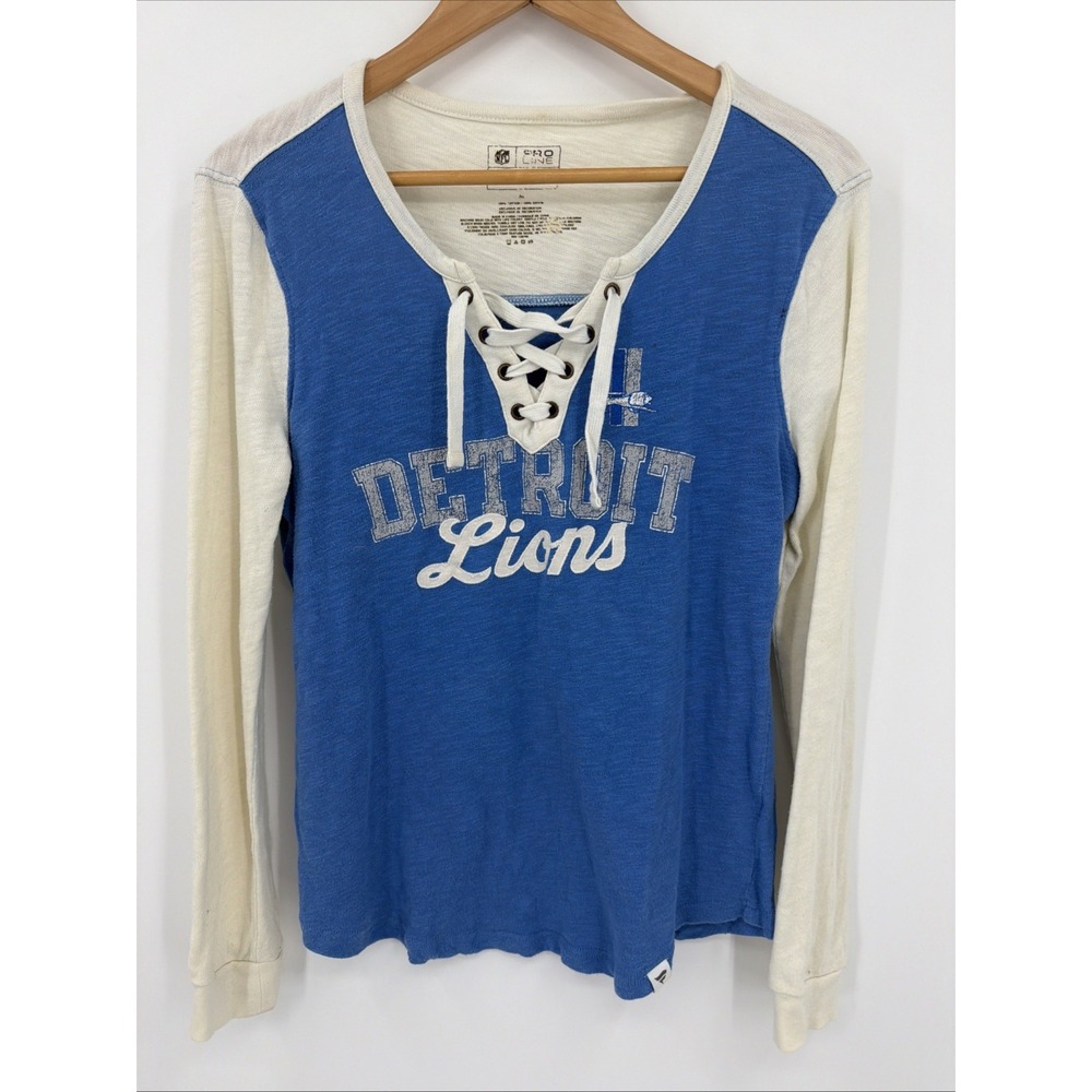 Detroit Lions Womens Sz M Fanatics Raglan Lace Up Long Sleeve Shirt Blue Ivory